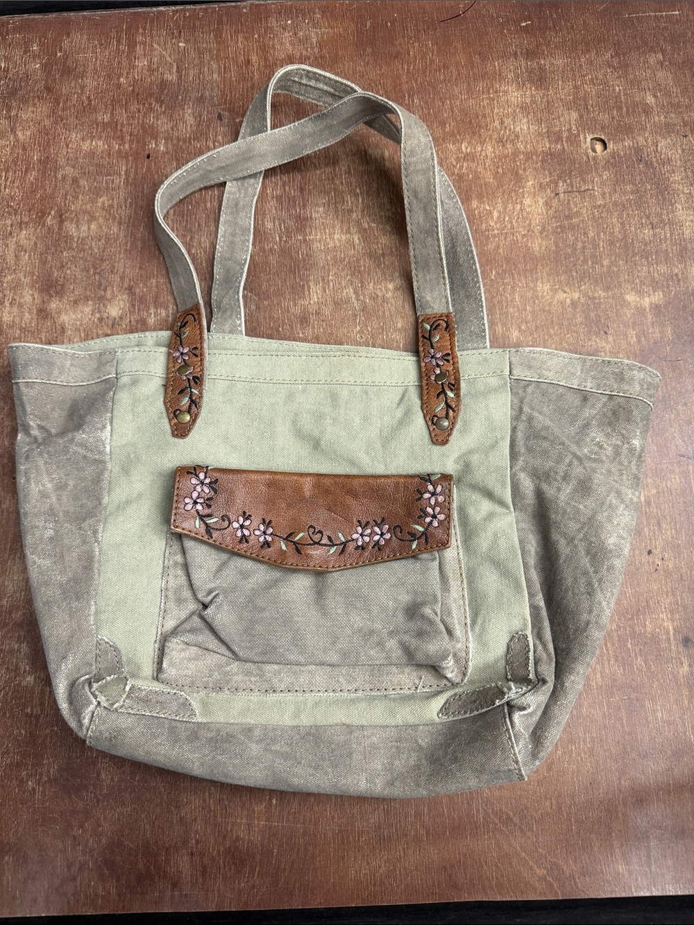 Mona B Olive Green Canvas Tote with Brown Floral-Trim